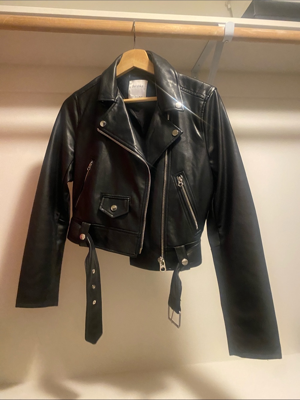 Bershka Black Leather Biker Jacket with Silver Hardware